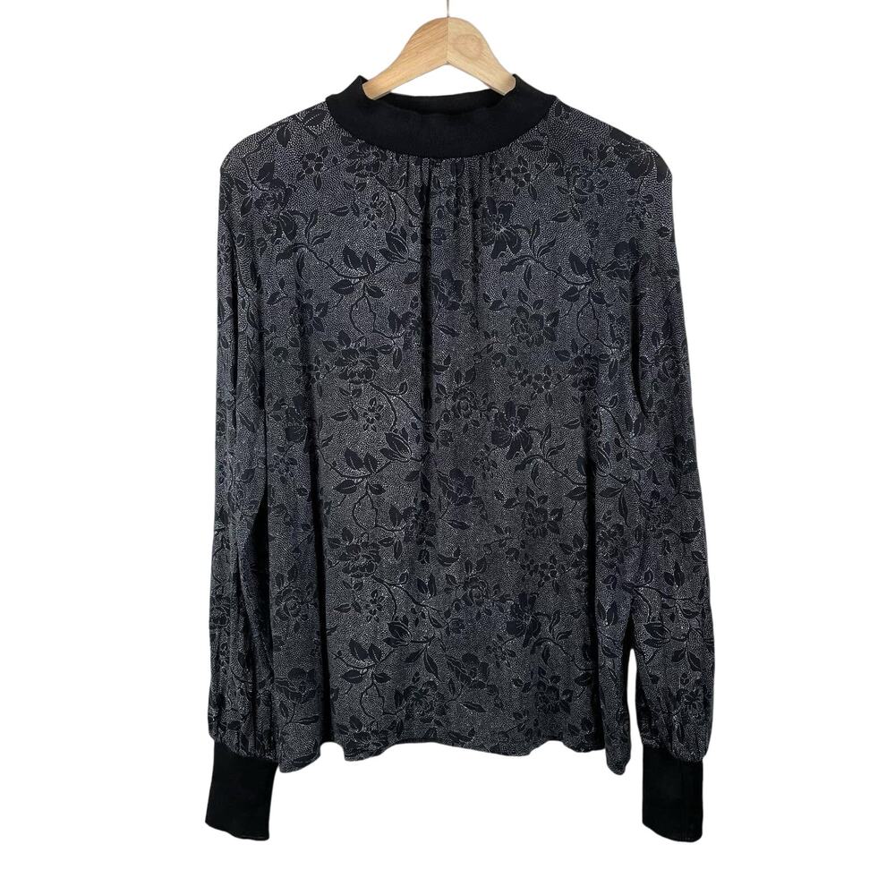 Ann Taylor Top Womens S Black Floral Long Sleeve Mock Neck Blouse Modest